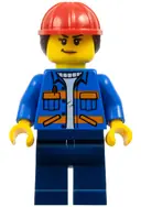 Minifigurka: CTY1605:  Construction Worker - Female, Blue Jacket with Diagonal Lower Pockets and Orange Stripes, Dark Blue Legs, Red Construction Helmet with Dark Brown Ponytail Hair
