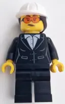 Minifigurka: CTY1606:  Construction Engineer / Architect - Female, Black Suit Jacket with White Button Up Shirt, Black Legs, White Construction Helmet with Dark Brown Ponytail Hair, Safety Glasses