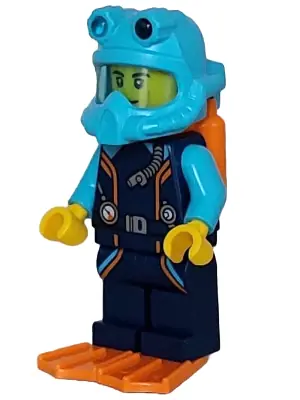 CTY1609:  Arctic Explorer Diver - Male, Dark Blue Diving Suit, Orange Air Tanks and Flippers, Medium Azure Helmet