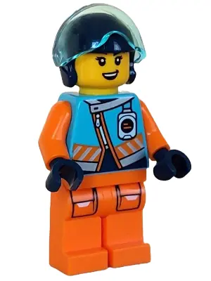 CTY1610:  Arctic Explorer Pilot - Female, Medium Azure Jacket, Name Badge, Dark Blue Helmet, Trans-Light Blue Visor