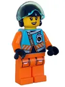 Minifigurka: CTY1610:  Arctic Explorer Pilot - Female, Medium Azure Jacket, Name Badge, Dark Blue Helmet, Trans-Light Blue Visor
