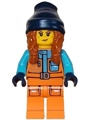 CTY1613:  Arctic Explorer - Female, Orange Jacket, Dark Orange Braids with Dark Blue Beanie, Freckles