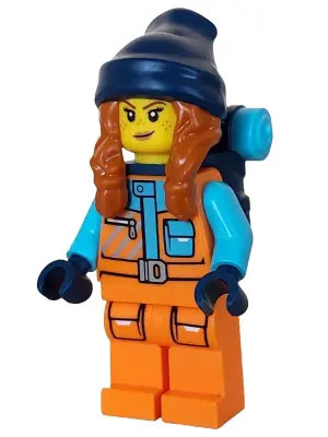 CTY1614:  Arctic Explorer - Female, Orange Jacket, Dark Orange Braids with Dark Blue Beanie, Freckles, Backpack