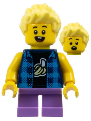 CTY1615:  Child - Boy, Flannel Vest over Shirt with Banana, Medium Lavender Short Legs, Bright Light Yellow Spiked Hair
