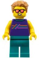 Minifigurka: CTY1616:  Ice-Cream Shop Customer - Male, Dark Purple Sleeveless Shirt with Stripes, Dark Turquoise Legs, Medium Nougat Hair, Sunglasses
