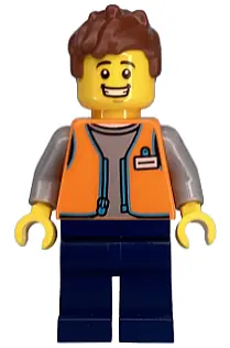 CTY1619:  Convenience Store Worker - Male, Orange Open Vest, Dark Blue Legs, Reddish Brown Messy Hair