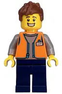 Minifigurka: CTY1619:  Convenience Store Worker - Male, Orange Open Vest, Dark Blue Legs, Reddish Brown Messy Hair