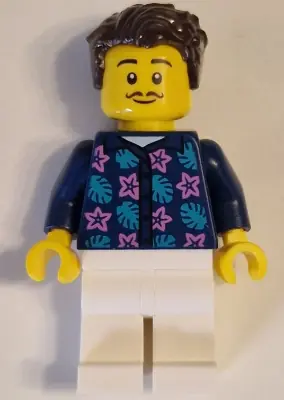 CTY1621:  Apartment Building Resident - Male, Dark Blue Jacket with Flowers and Leaves, White Legs, Dark Brown Hair, Moustache