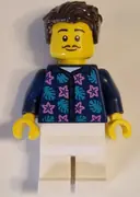 Minifigurka: CTY1621:  Apartment Building Resident - Male, Dark Blue Jacket with Flowers and Leaves, White Legs, Dark Brown Hair, Moustache