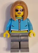 Minifigurka: CTY1623:  Apartment Building Resident - Female, Medium Azure Crop Top Jacket, Flat Silver Legs, Medium Nougat Hair, Sunglasses