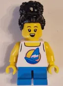 Minifigurka: CTY1624:  Child - Girl, White Tank Top with Sailboat, Dark Azure Short Legs, Black Coiled Hair with Bun, Freckles