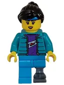 Minifigurka: CTY1628:  Skateboarder - Female, Dark Turquoise Jacket over Dark Purple Shirt, Dark Azure Legs with Prosthetic Leg