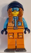 Minifigurka: CTY1629:  Arctic Explorer - Female, Orange Jacket, Dark Orange Braids with Dark Blue Beanie, Medium Azure Goggles, Dark Bluish Gray Snowshoes