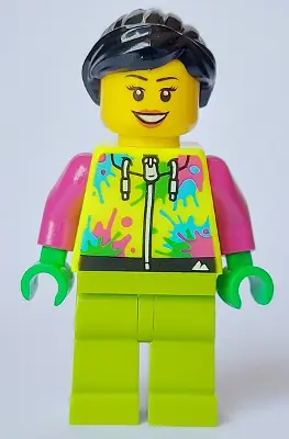 CTY1631:  Mountain Bike Cyclist - Female, Neon Yellow Jacket with Paint Splotches, Lime Legs, Black Hair