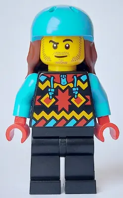 CTY1633:  Snowboarder - Male, Geometric Jacket, Black Legs, Medium Azure Sports Helmet, Reddish Brown Long Hair