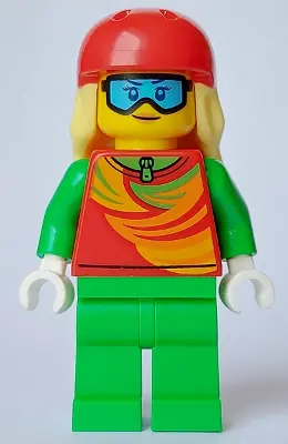 CTY1638:  Skier - Female, Red Top, Bright Green Legs, Red Sports Helmet, Bright Light Yellow Long Hair, Ski Goggles