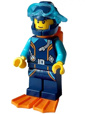 CTY1639:  Arctic Explorer Diver - Male, Dark Blue Diving Suit and Helmet, Orange Air Tanks and Flippers, Trans-Light Blue Diver Mask, Grin