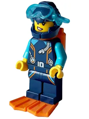 CTY1640:  Arctic Explorer Diver - Female, Dark Blue Diving Suit and Helmet, Orange Air Tanks and Flippers, Trans-Light Blue Diver Mask, Lopsided Smile