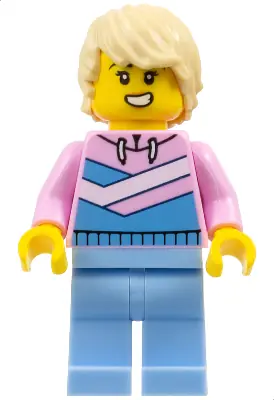 CTY1642:  Tuk Tuk Driver - Female, Bright Pink Hoodie with Medium Blue and White Diagonal Stripes, Bright Light Blue Legs, Tan Tousled Hair