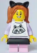 Minifigurka: CTY1643:  Child - Girl, White Top with Raccoon, Bright Pink Short Legs, Dark Orange Pigtails, Black Skirt and Cat Ears