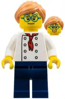 Minifigurka: CTY1646:  Pizza Chef - Female, White Torso with 8 Buttons, Dark Blue Legs, Nougat Hair, Glasses
