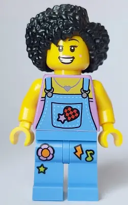 CTY1648:  Street Performer / Busker - Female, Medium Lavender Top, Medium Blue Overalls and Legs, Black Hair