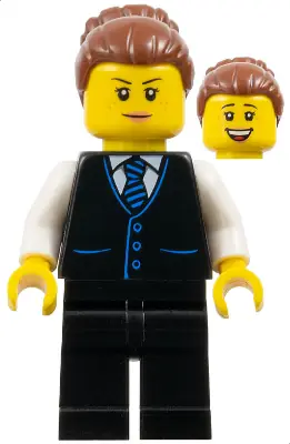 CTY1652:  Hotel Receptionist - Female, Black Vest with Blue Striped Tie, Black Legs, Reddish Brown Hair