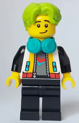 CTY1653:  DJ (Bytz) - Male, White Jacket, Black Legs, Lime Hair, Dark Turquoise Headphones