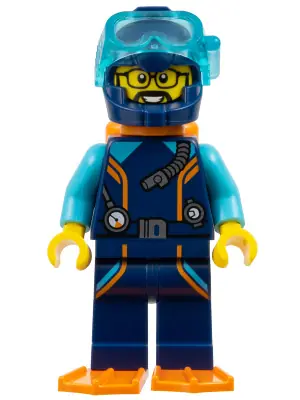 CTY1656:  Arctic Explorer Diver - Male, Dark Blue Diving Suit and Helmet, Orange Air Tanks and Flippers, Trans-Light Blue Diver Mask, Beard and Glasses