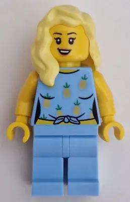 CTY1660:  Car Driver - Female, Bright Light Blue Knotted Top with Pineapples and Legs, Bright Light Yellow Hair