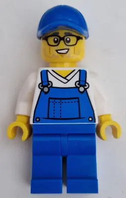 CTY1661:  Car Cleaner - Male, Blue Overalls over V-Neck Shirt, Blue Legs, Blue Cap, Glasses, Stubble