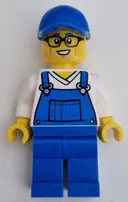 Minifigurka: CTY1661:  Car Cleaner - Male, Blue Overalls over V-Neck Shirt, Blue Legs, Blue Cap, Glasses, Stubble