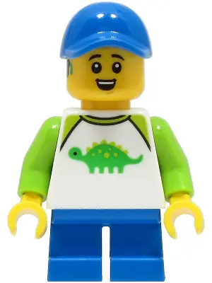 CTY1662:  Child - Boy, White Shirt with Bright Green Dinosaur, Blue Short Legs, Blue Cap, Hearing Aid