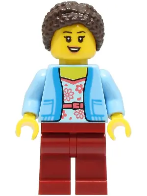 CTY1664:  Mom - Bright Light Blue Jacket over White Shirt with Coral Flowers, Dark Red Legs, Dark Brown Hair Braided with Knot Bun