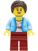 Minifigurka: CTY1664:  Mom - Bright Light Blue Jacket over White Shirt with Coral Flowers, Dark Red Legs, Dark Brown Hair Braided with Knot Bun