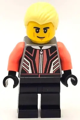 CTY1666:  Race Car Driver - Male, Black and Coral Racing Suit, Black Legs, Bright Light Yellow Hair