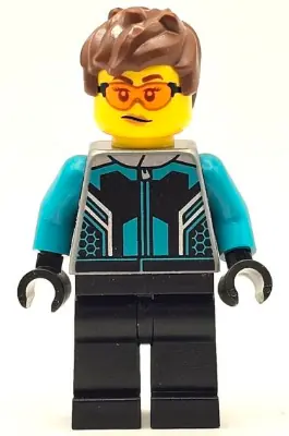 CTY1667:  Race Car Driver - Female, Black and Dark Turquoise Racing Suit, Black Legs, Reddish Brown Messy Hair, Safety Glasses