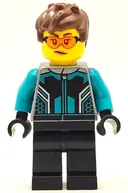 Minifigurka: CTY1667:  Race Car Driver - Female, Black and Dark Turquoise Racing Suit, Black Legs, Reddish Brown Messy Hair, Safety Glasses