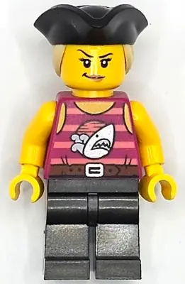 CTY1669:  Pirate Monster Truck Driver - Female, Magenta Tank Top with Coral Stripes and Silver Shark, Pearl Dark Gray Legs, Black Tricorne Hat with Tan Ponytail