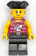 Minifigurka: CTY1669:  Pirate Monster Truck Driver - Female, Magenta Tank Top with Coral Stripes and Silver Shark, Pearl Dark Gray Legs, Black Tricorne Hat with Tan Ponytail