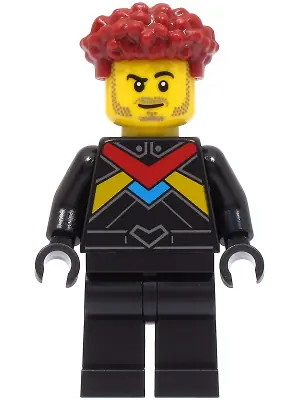 CTY1670:  Race Car Driver - Male, Black Racing Suit with Red, Dark Azure and Bright Light Orange Stripes, Dark Red Hair