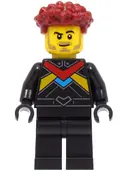 Minifigurka: CTY1670:  Race Car Driver - Male, Black Racing Suit with Red, Dark Azure and Bright Light Orange Stripes, Dark Red Hair
