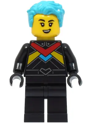 CTY1671:  Race Boat Driver - Female, Black Racing Suit with Red, Dark Azure and Bright Light Orange Stripes, Medium Azure Hair