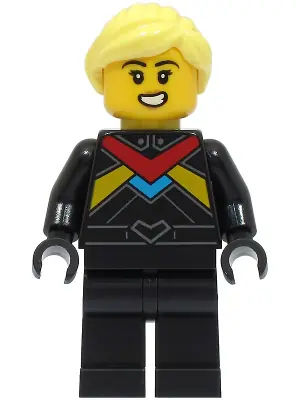 CTY1672:  Monster Truck Driver - Female, Black Racing Suit with Red, Dark Azure and Bright Light Orange Stripes, Bright Light Yellow Hair
