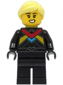 Minifigurka: CTY1672:  Monster Truck Driver - Female, Black Racing Suit with Red, Dark Azure and Bright Light Orange Stripes, Bright Light Yellow Hair