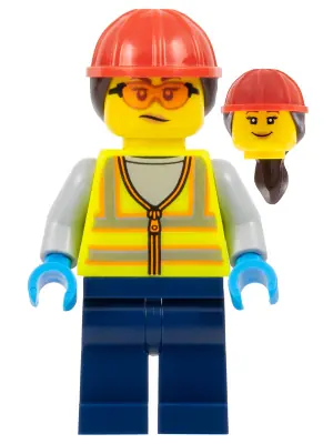 CTY1673:  Airport Worker - Female, Neon Yellow Safety Vest with Reflective Stripes, Dark Blue Legs, Red Construction Helmet with Dark Brown Ponytail Hair, Safety Glasses