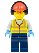 Minifigurka: CTY1674:  Airport Worker - Male, Neon Yellow Safety Vest with Reflective Stripes, Dark Blue Legs, Red Construction Helmet with Black Ear Protectors / Headphones, Safety Glasses