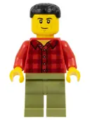 Minifigurka: CTY1675:  Plane Passenger - Male, Red Plaid Flannel Shirt, Olive Green Legs, Black Short Hair