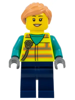 CTY1677:  Airport Worker - Female, Neon Yellow Safety Vest with Radio, Dark Blue Legs, Nougat Ponytail Hair, Hearing Aid