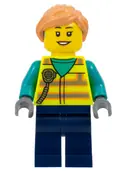 Minifigurka: CTY1677:  Airport Worker - Female, Neon Yellow Safety Vest with Radio, Dark Blue Legs, Nougat Ponytail Hair, Hearing Aid